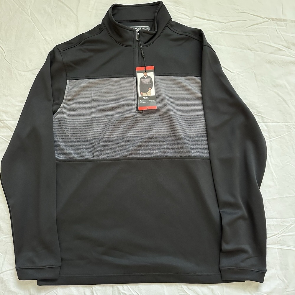 Pebble Beach Mens‎ Dry-Luxe Performance 1/4 Zip Pullover Black  Grey Medium